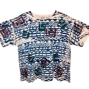 90s Vintage XL Boxy Cotton Retro Geometric Block Print Blue Purple Green Kidcore